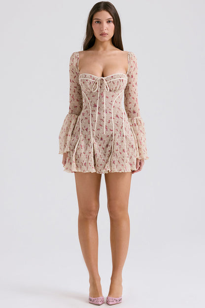 Vintage cream rose print corset dress